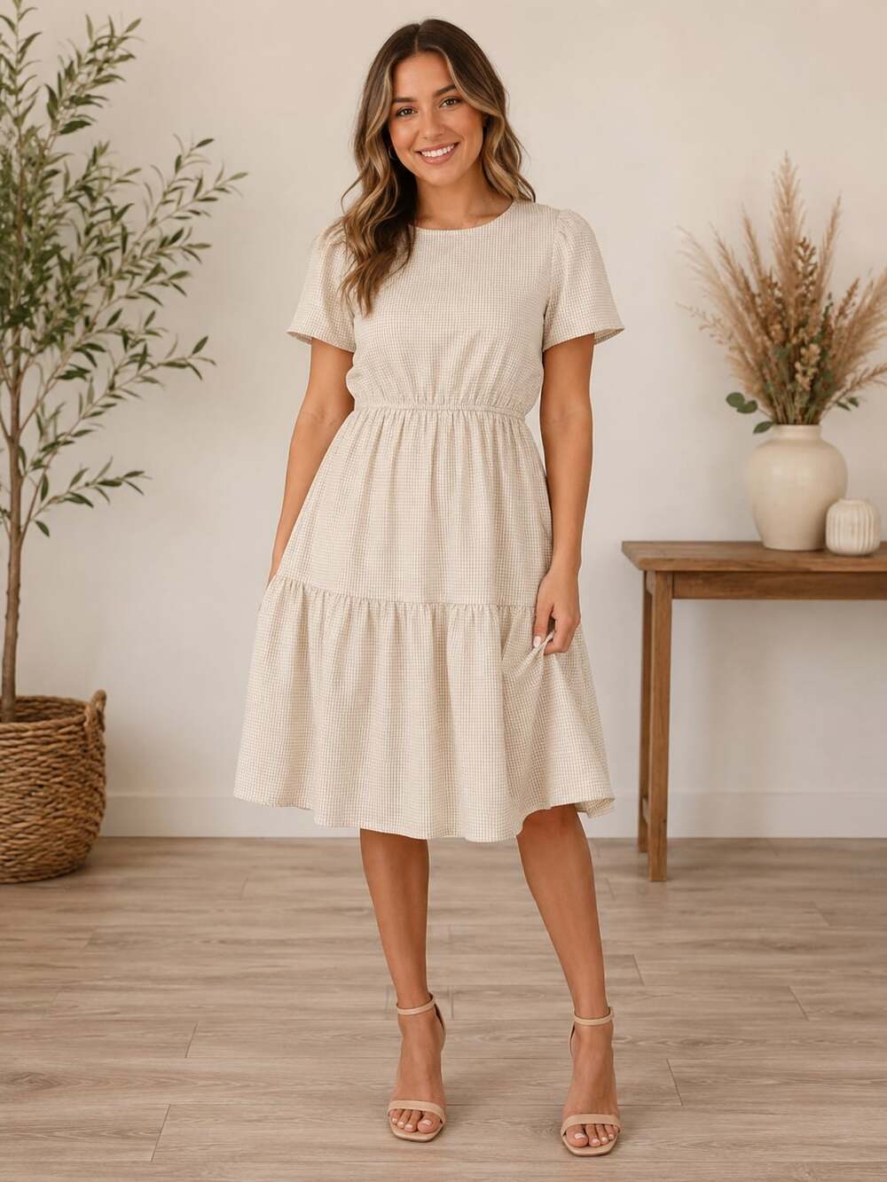 Polagram Beige Gingham Tiered Mini Dress Puff Sleeve Cottagecore Size Small